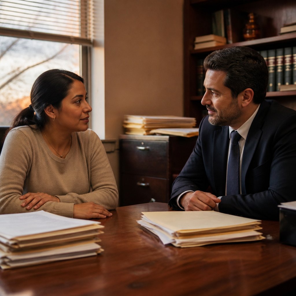 Client and lawyer looking at each other with shared determination in the office