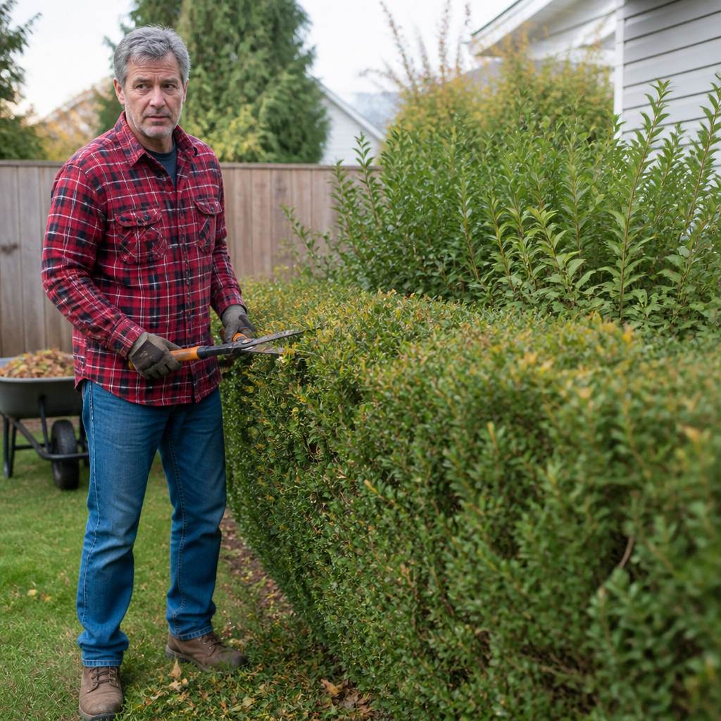 Neighbor trimming the hedge unevenly with pruning shears in a suburban backyard.