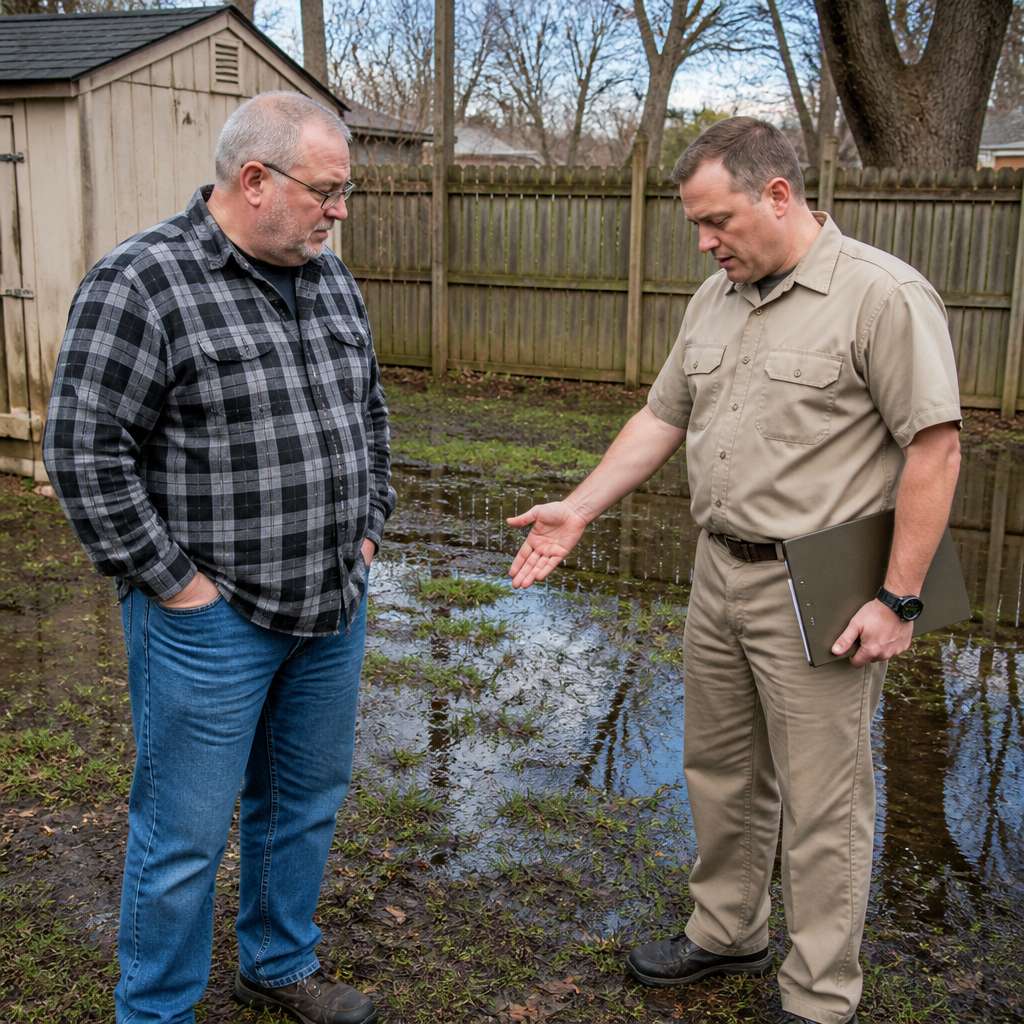 Man and city inspector discuss standing water citation in backyard.
