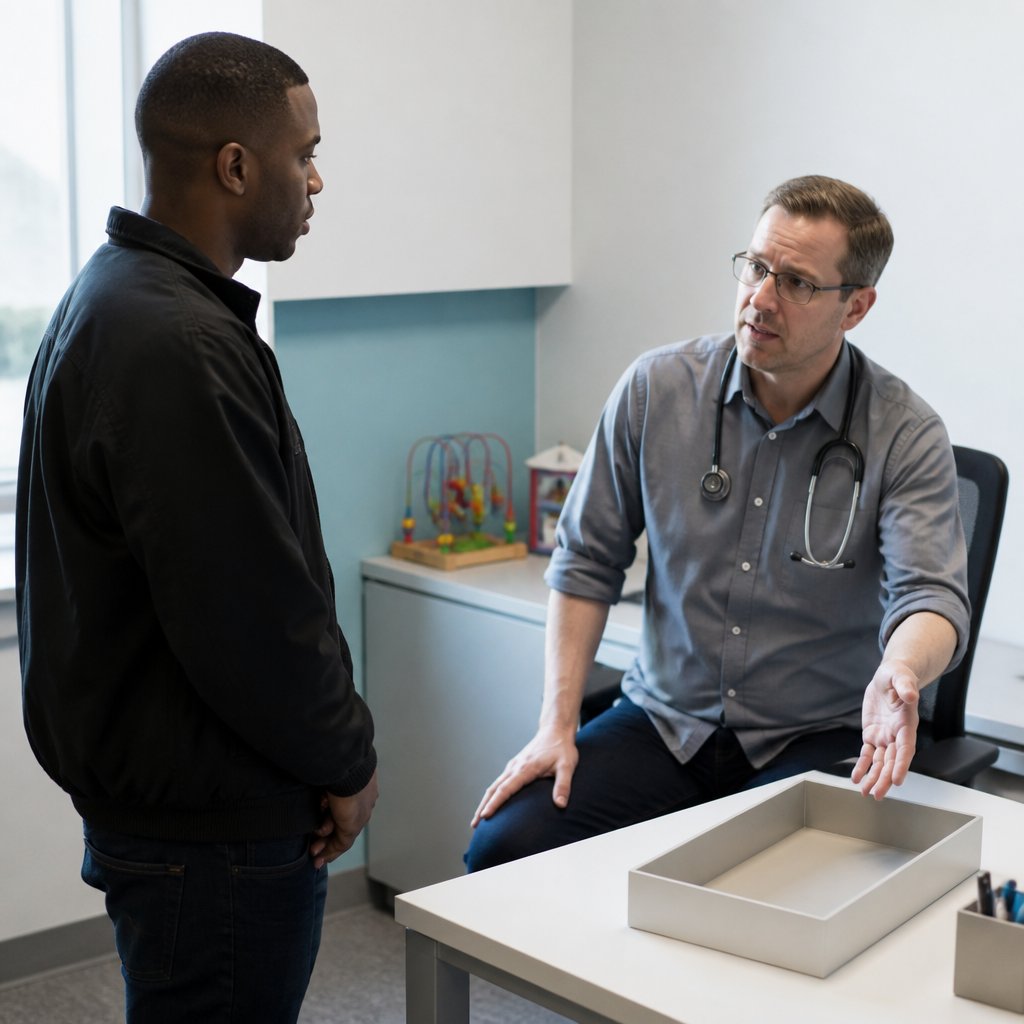 Man confronting pediatrician who shows an empty alert inbox in clinical setting.