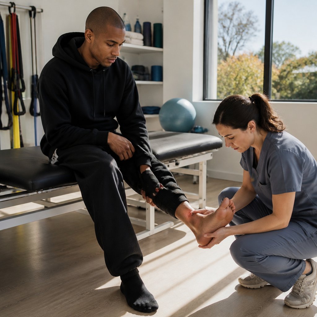 A young Black man in therapy clothes sitting on a bench, showing a blistered foot to a female therapist in a clinical setting.