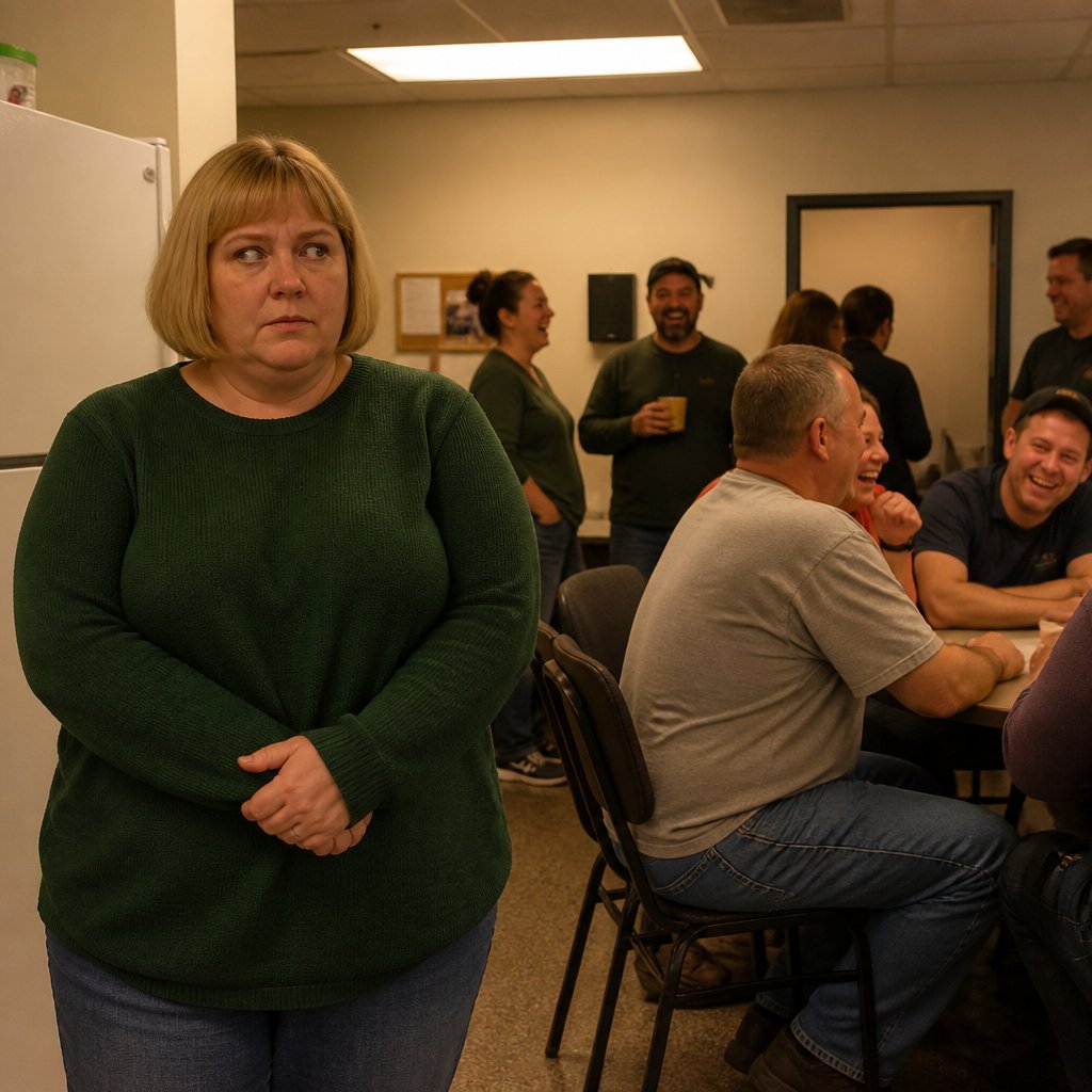 Woman standing uneasily in a noisy, crowded office break room surrounded by laughing coworkers.