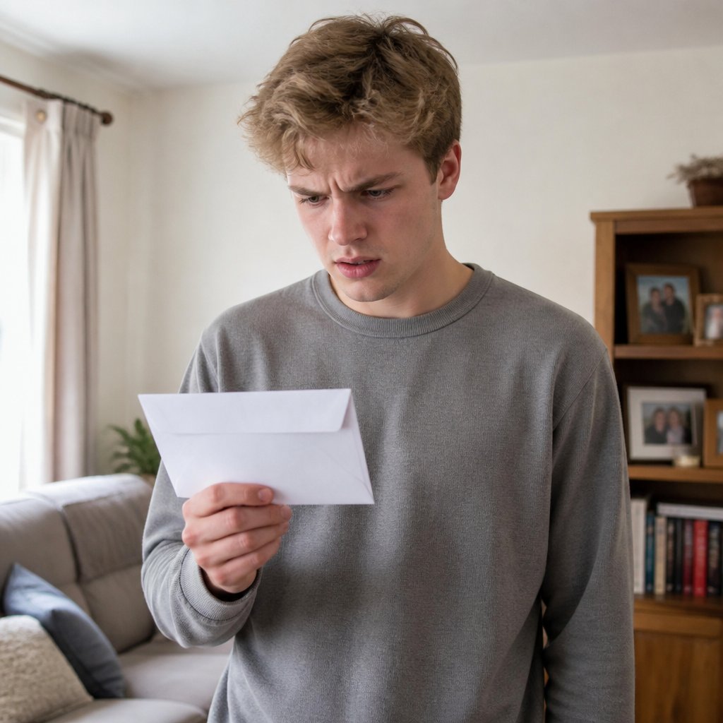 Young man reading legal letter in suburban living room with troubled expression