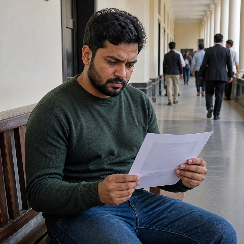 Man sitting on a courthouse bench, looking worried while holding a printed screenshot.