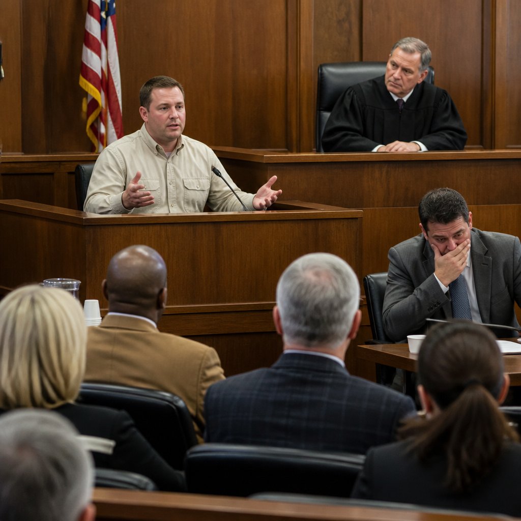 Former partner testifying earnestly in court while contractor looks uncomfortable