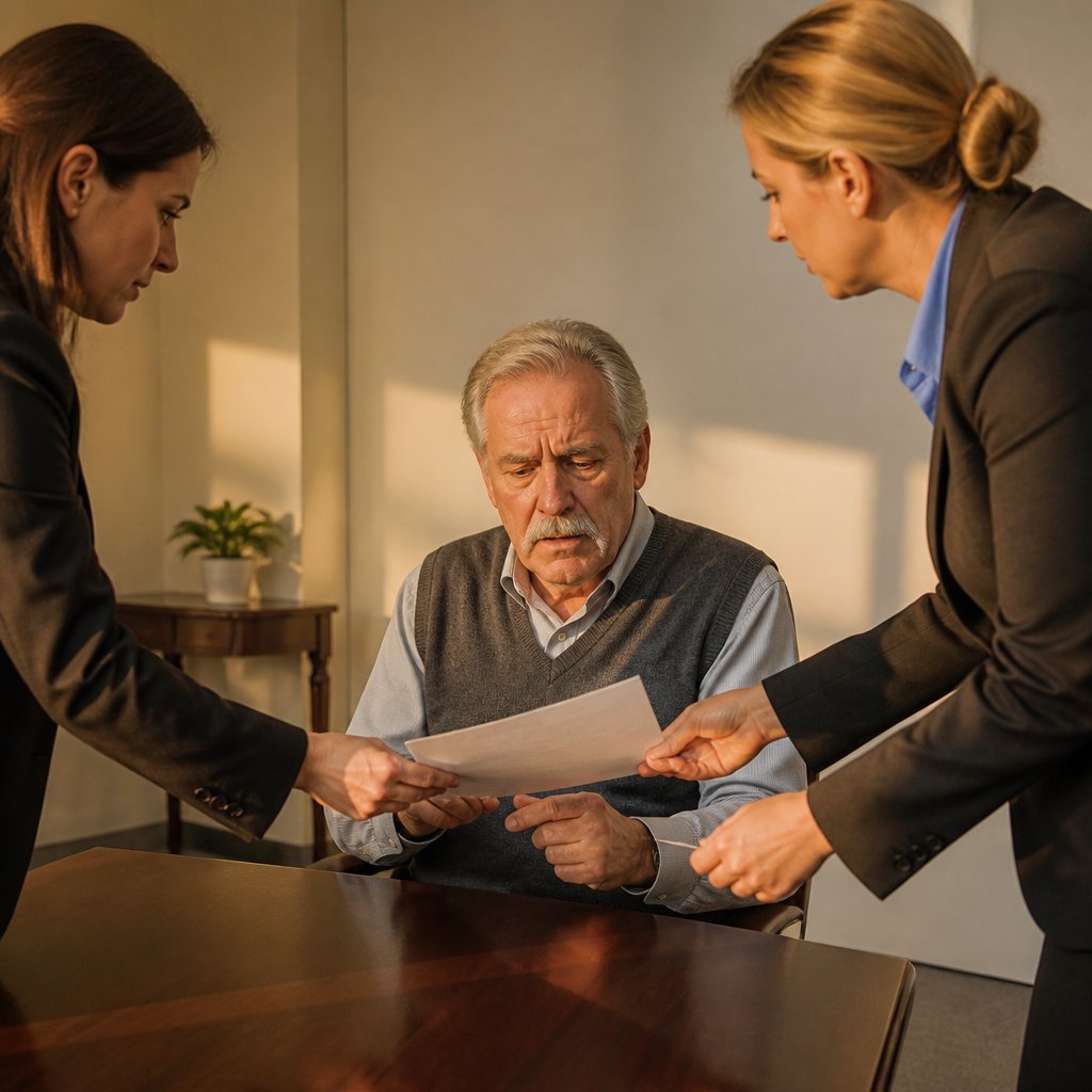 Man receiving a final written warning document in conference room