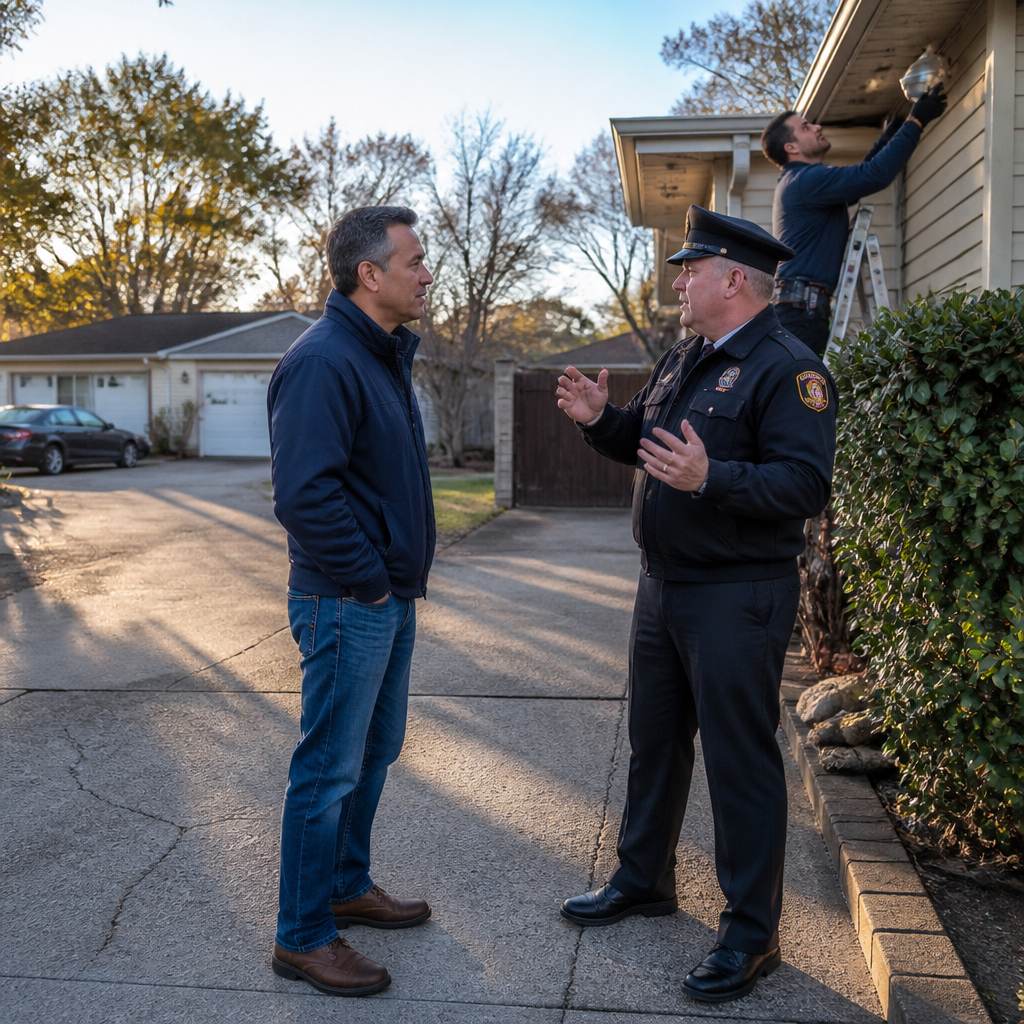 Man watches fire captain and worker removing metal vent from house soffit in driveway.