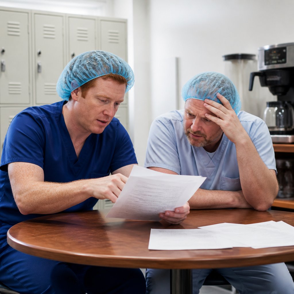 SPD technicians examining a confusing new policy document, expressions of doubt and concern.