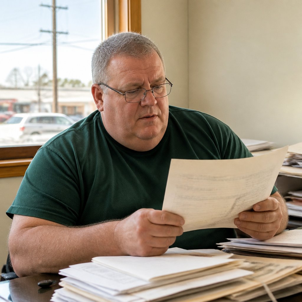 Man reviewing a suspicious brake inspection report at a cluttered desk.