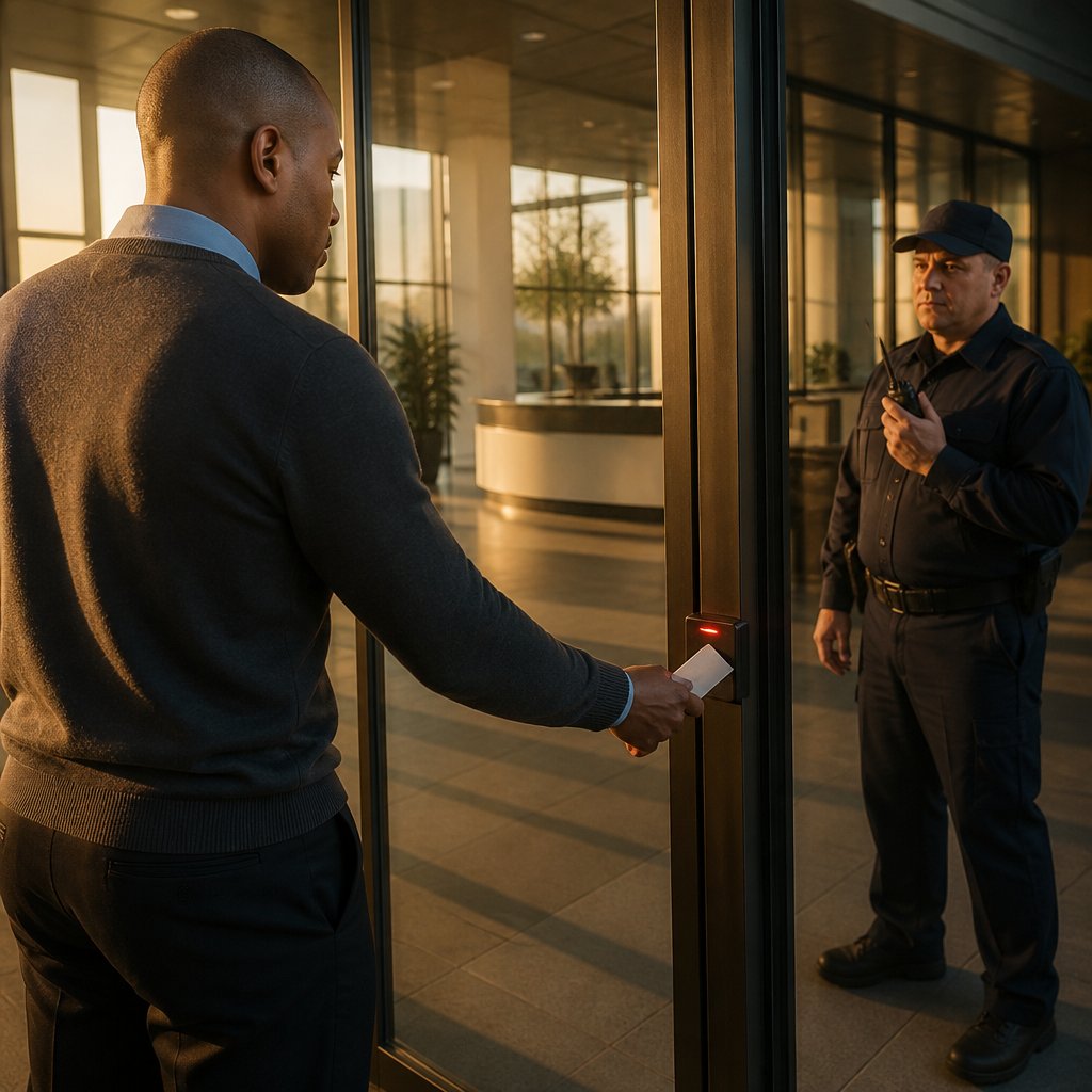Man denied entry by security badge reader with guard nearby in office lobby.