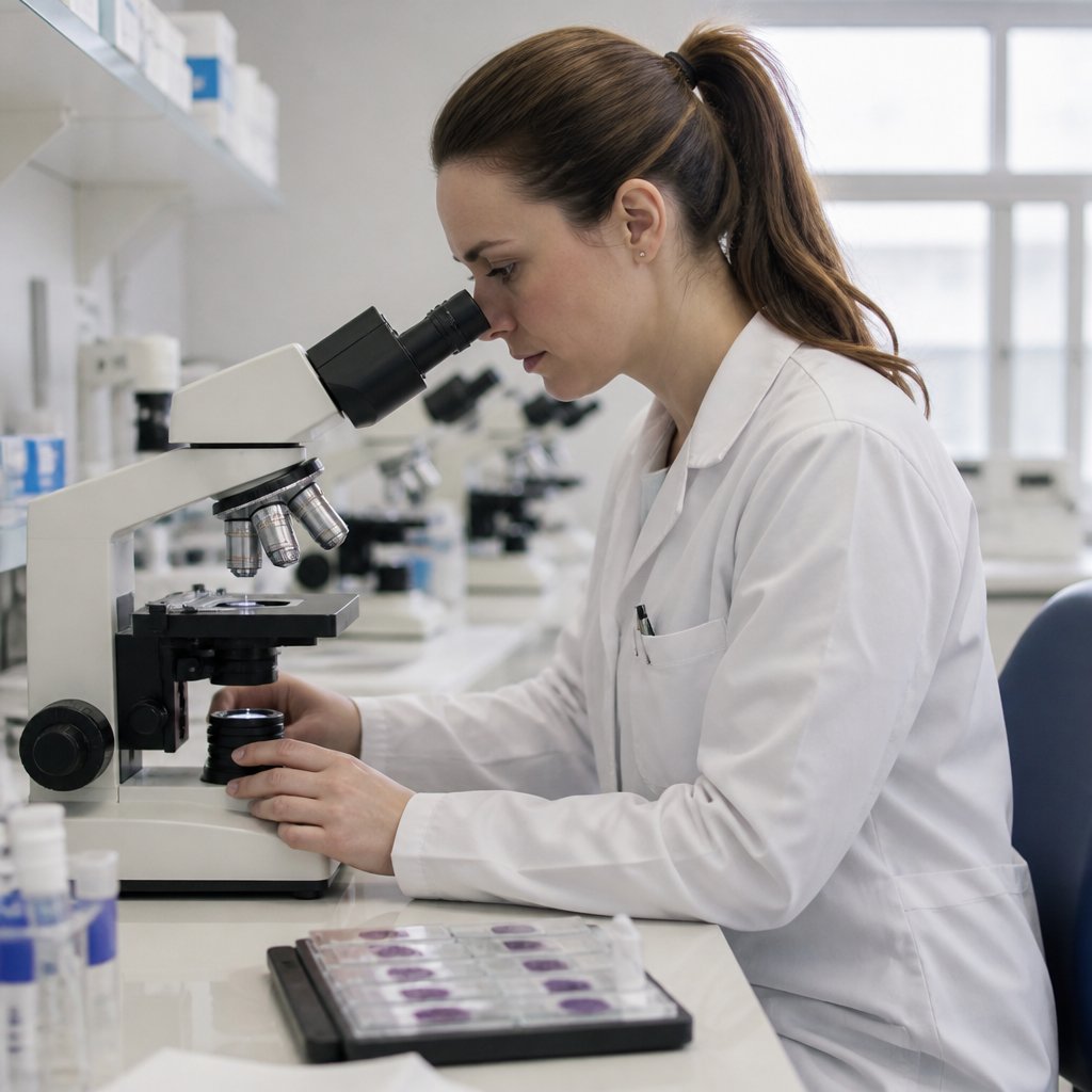 Nurse reviews blood smears showing schistocytes, suspecting water treatment contamination.