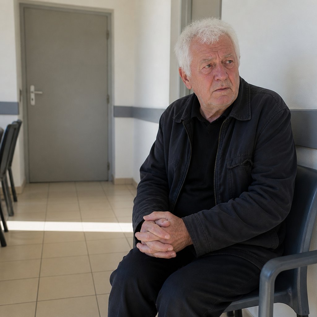 Man waiting anxiously in a doctor's office, looking worried.
