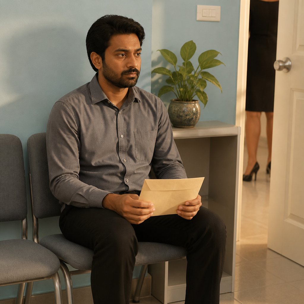 Man waits unsure in HR office after a slight payroll adjustment.
