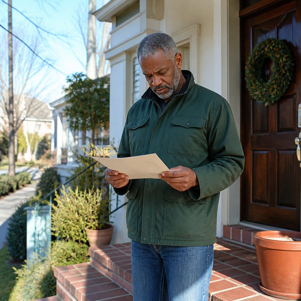 Man reading an HOA violation letter on his front porch.