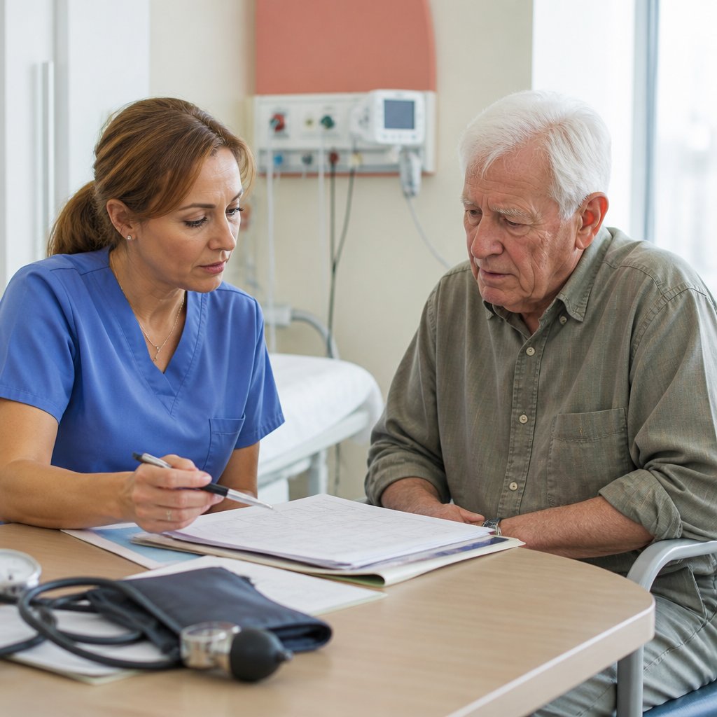 Nurse discussing discharge papers with concerned man in hospital room.