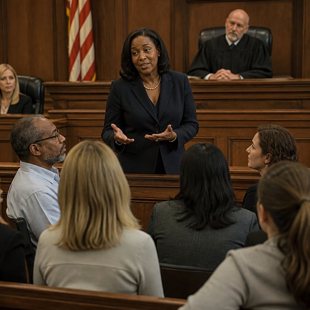 Attorney addressing potential jurors during selection in American courtroom