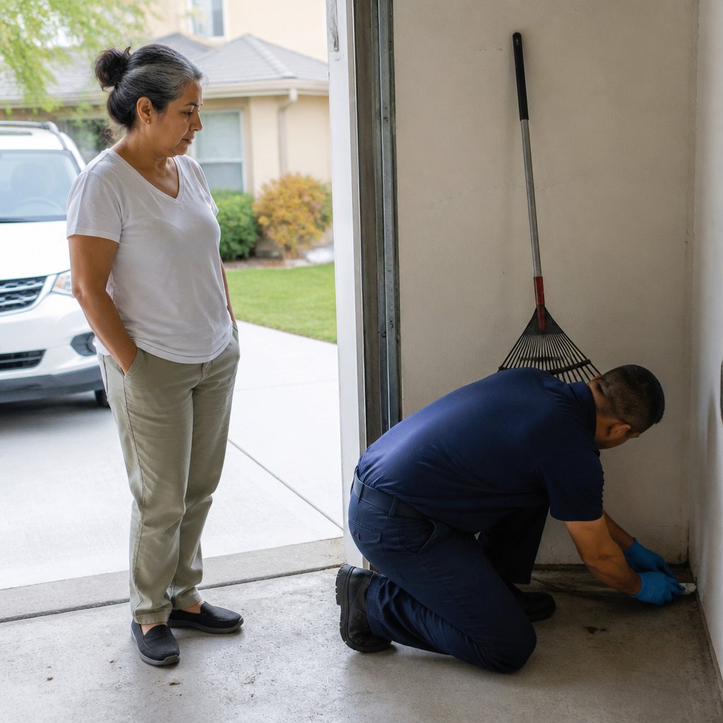 Woman watches pest technician inspect garage corner for rodent signs