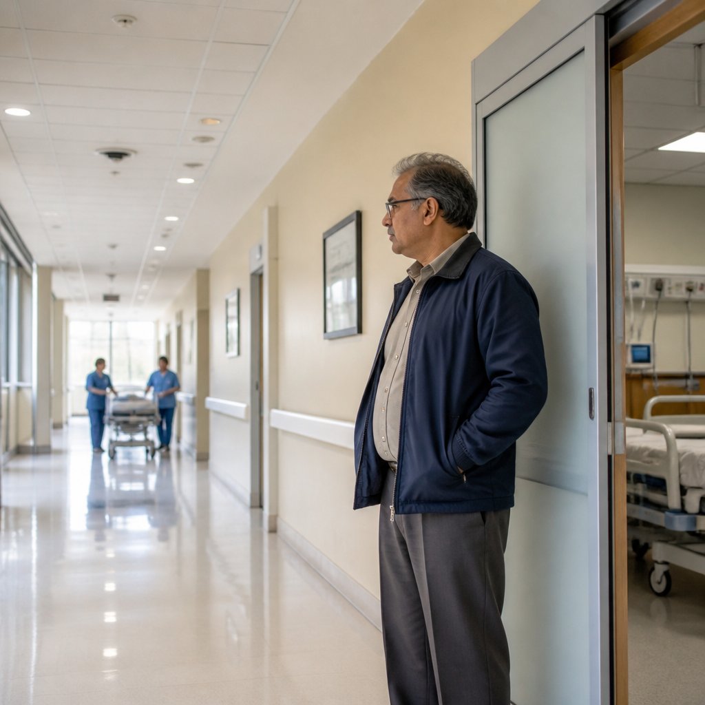 Man waiting anxiously near ICU corridor as patient transport delays tests.