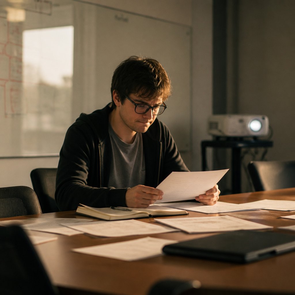 Young man in hoodie examining printed client CRM notes in empty conference room