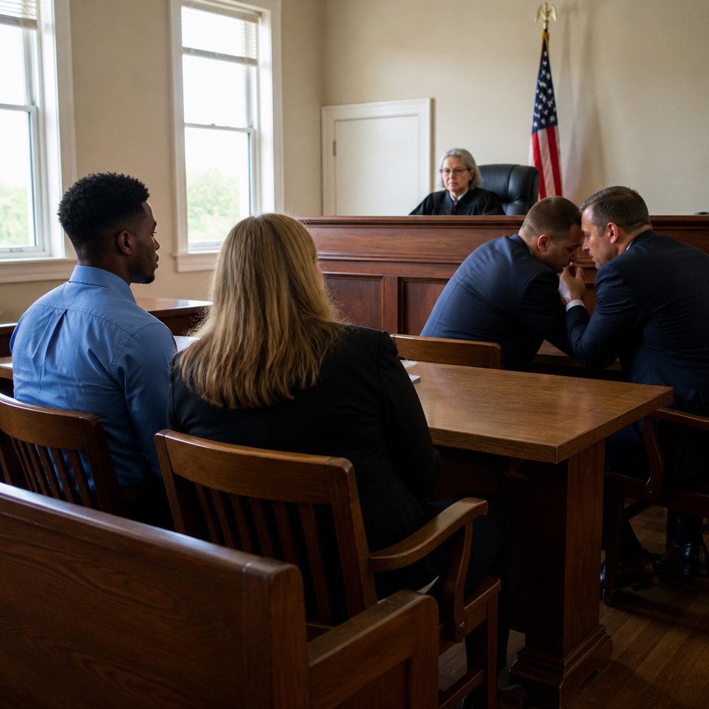 Man and lawyer seated in courtroom facing defense attorneys and judge.