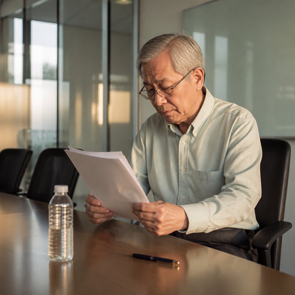 Man reviewing a suspiciously incomplete personnel file in a conference room.