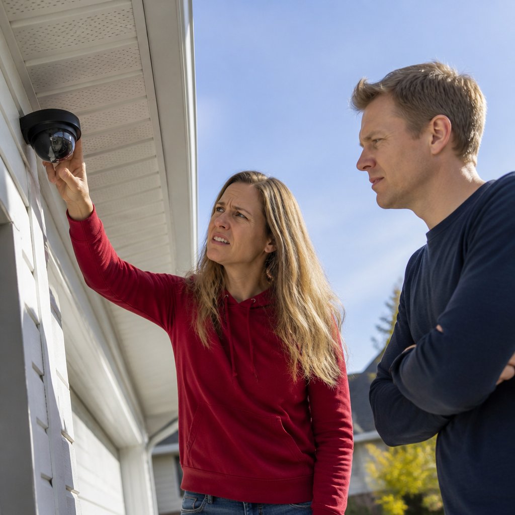 Homeowner inspecting a security camera set awkwardly pointed at the sky