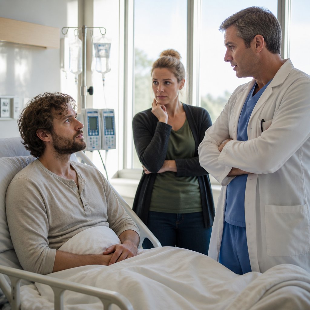 Surgeon in scrubs explaining procedure to patient and family in hospital room.