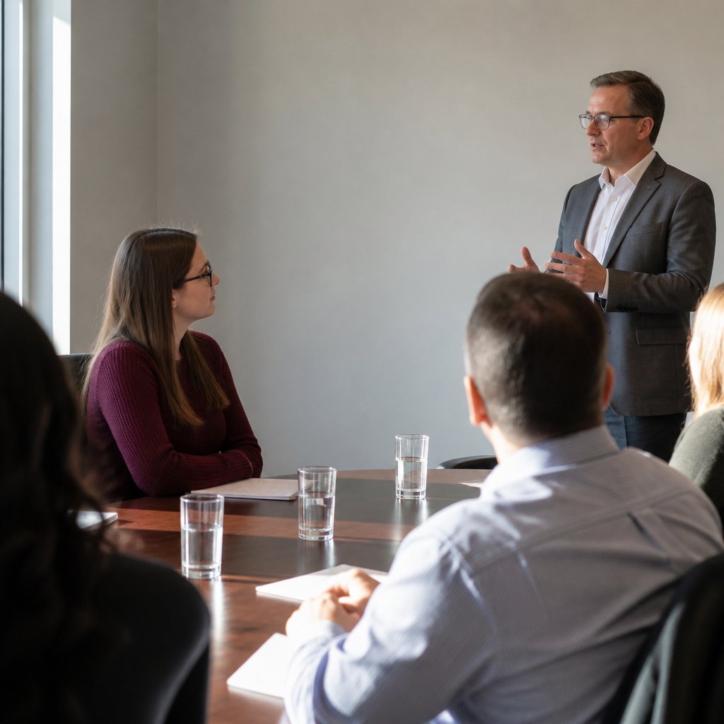 Woman listening anxiously to an expert witness explaining complex medical details in a meeting room.