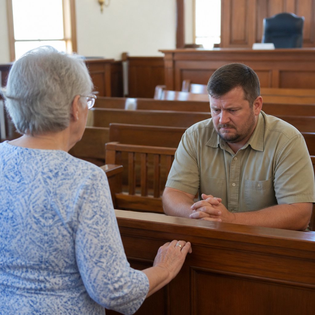 Safety manager nervously testifying in a small courtroom, avoiding eye contact.