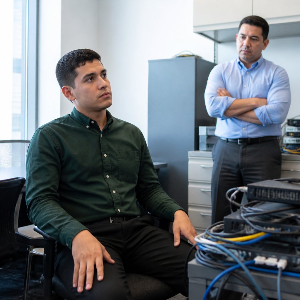 Man sitting in IT department room being questioned by stern IT manager.