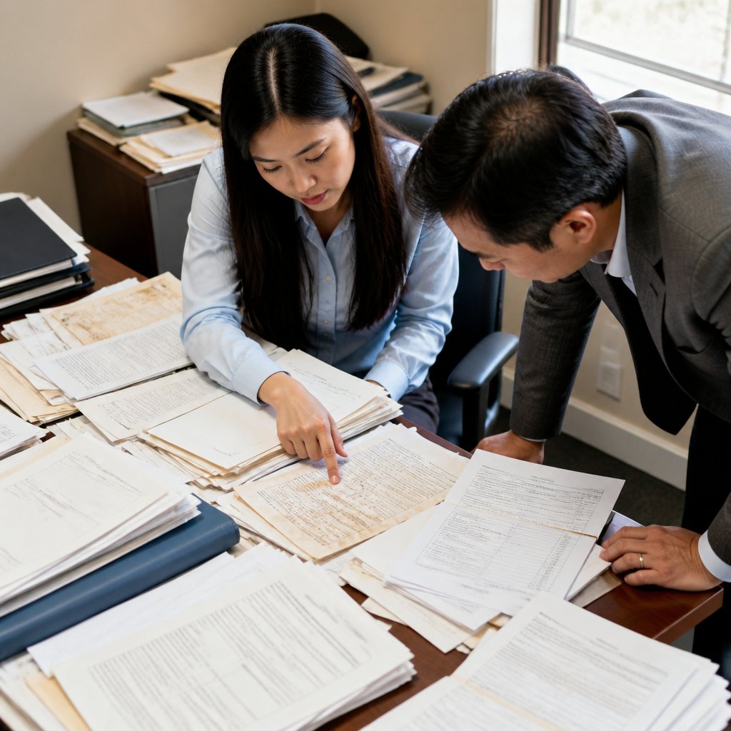 Two people reviewing supplier invoices and medical documents at a lawyer’s desk.