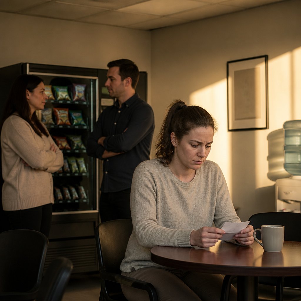 Woman in break room holding note, coworkers whisper nearby, vending machine in background.
