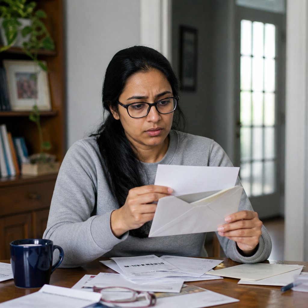 Woman at dining table looking worriedly at a citation envelope, morning coffee nearby