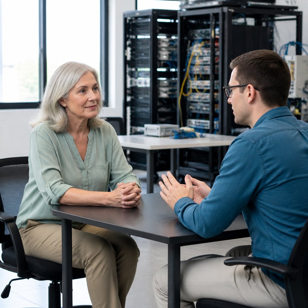 Woman and IT technician discussing access to medical robot logs in server room.