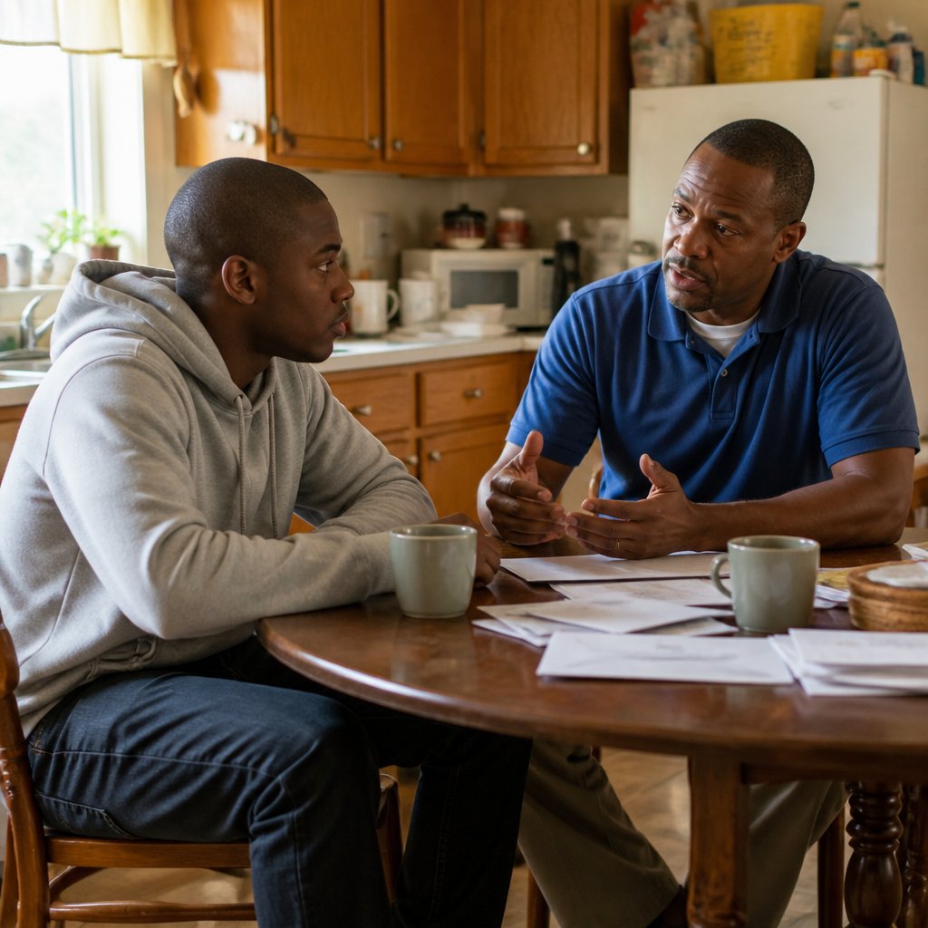 Man discussing software issues with former biomed technician in kitchen.