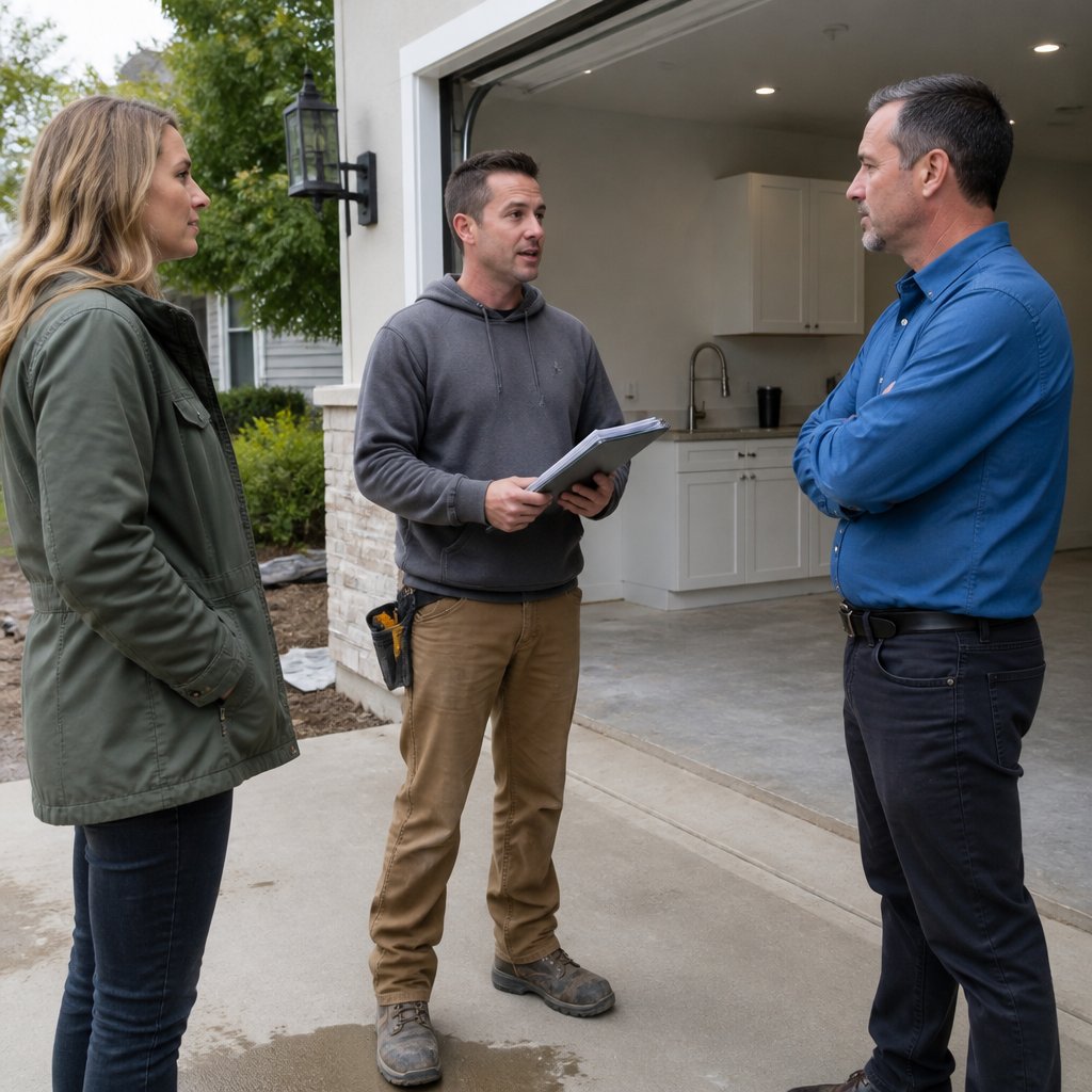 Woman, man, and city inspector discuss something at a construction site near a makeshift kitchen.