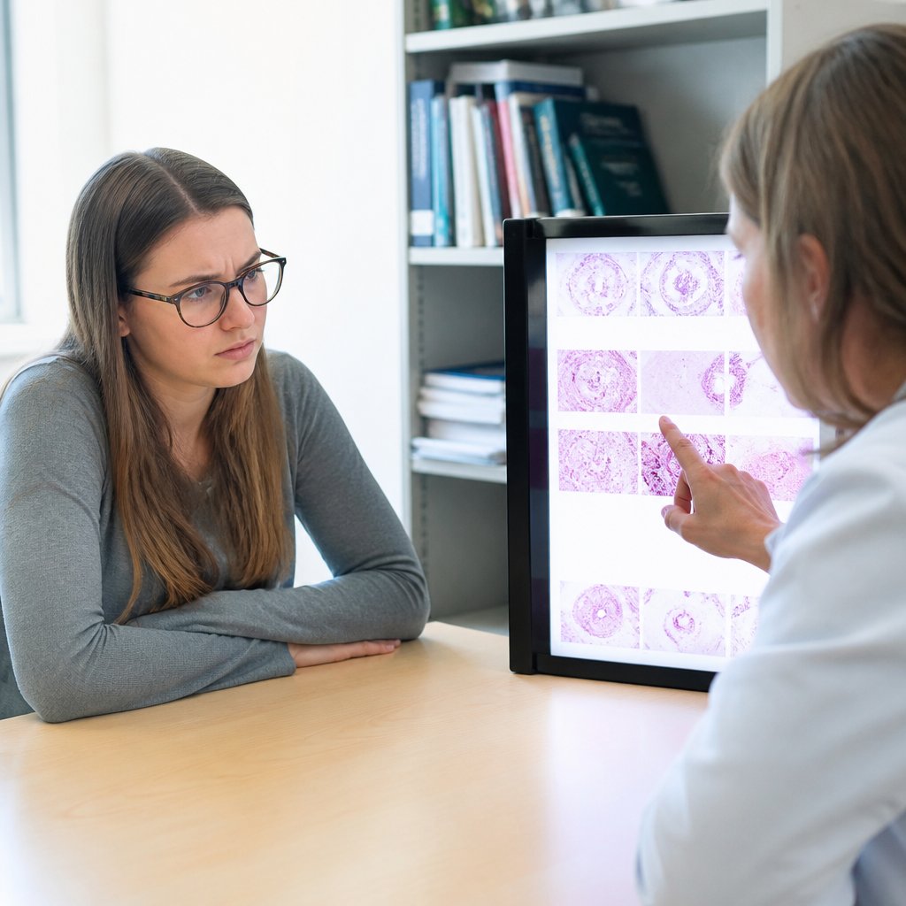 Woman listening to oncologist explaining pathology slides in clinic office.