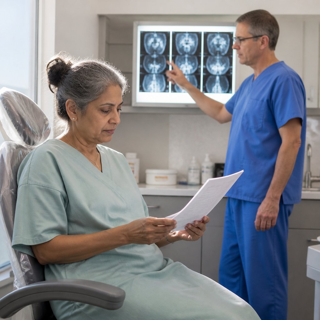 Woman in medical gown receiving explanation of MRI results from oral surgeon in exam room.