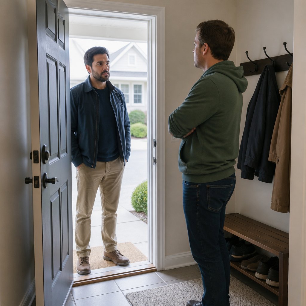 Man confronted by neighbor blocking entry inside his own foyer.