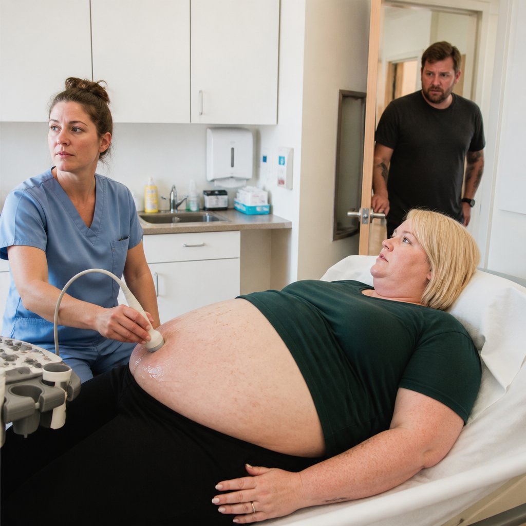 Ultrasound technician scanning postpartum patient’s abdomen as husband looks on anxiously in hospital ultrasound room.