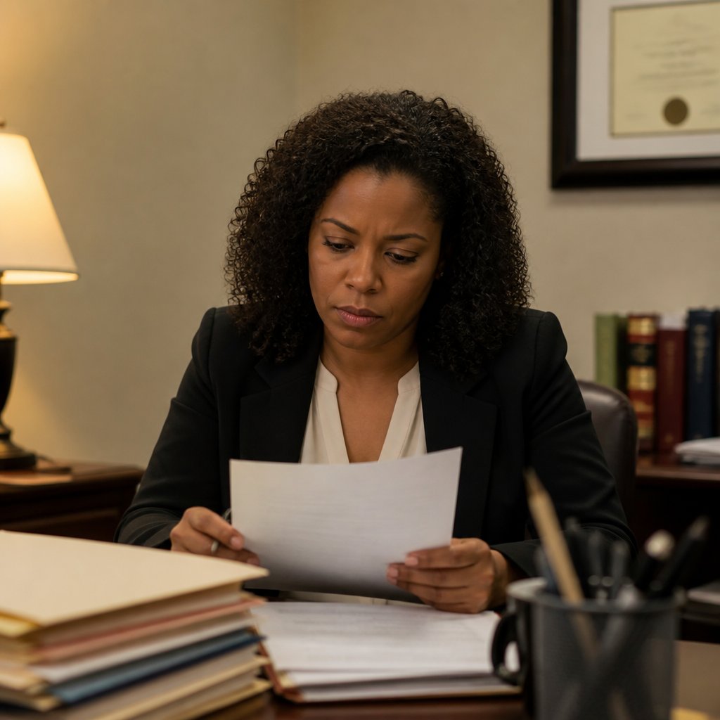 Lawyer reading a response letter at her desk with a determined expression