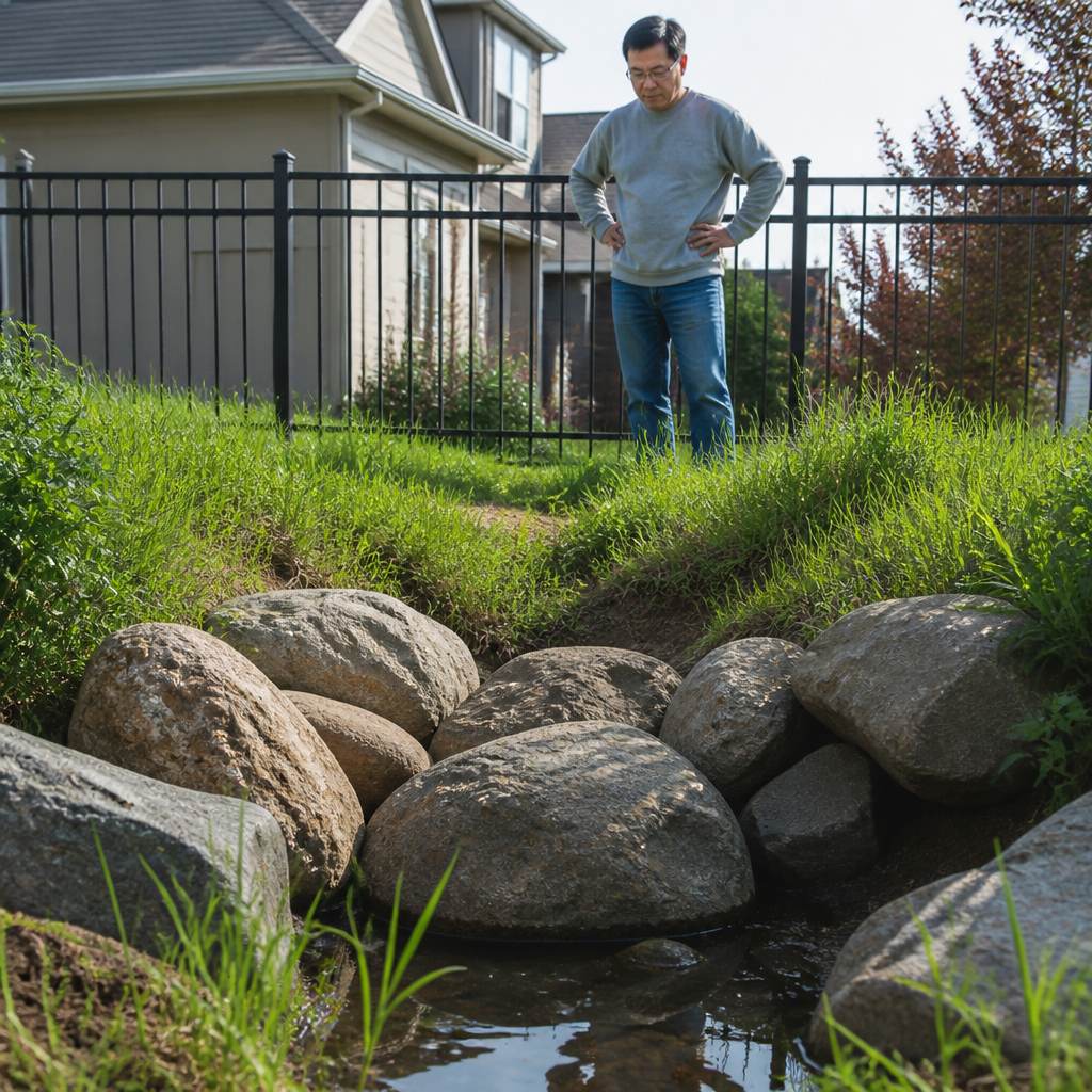 Man standing behind fence looking at landscaping boulders blocking drainage swale with concern.