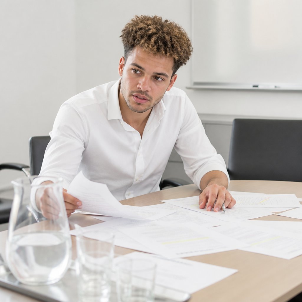 Young man studies printed documents in a hospital conference room.