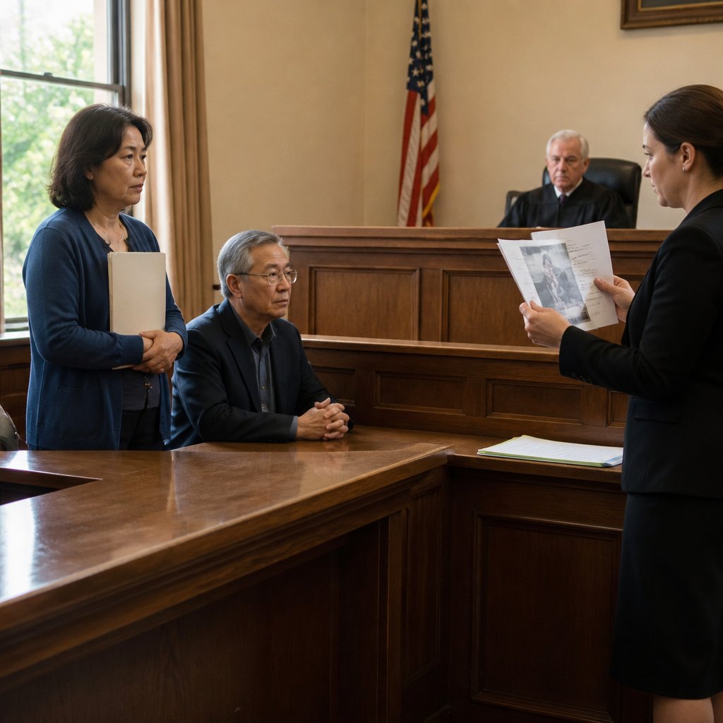 Woman and man in courtroom confronted with new printed evidence by opposing lawyer