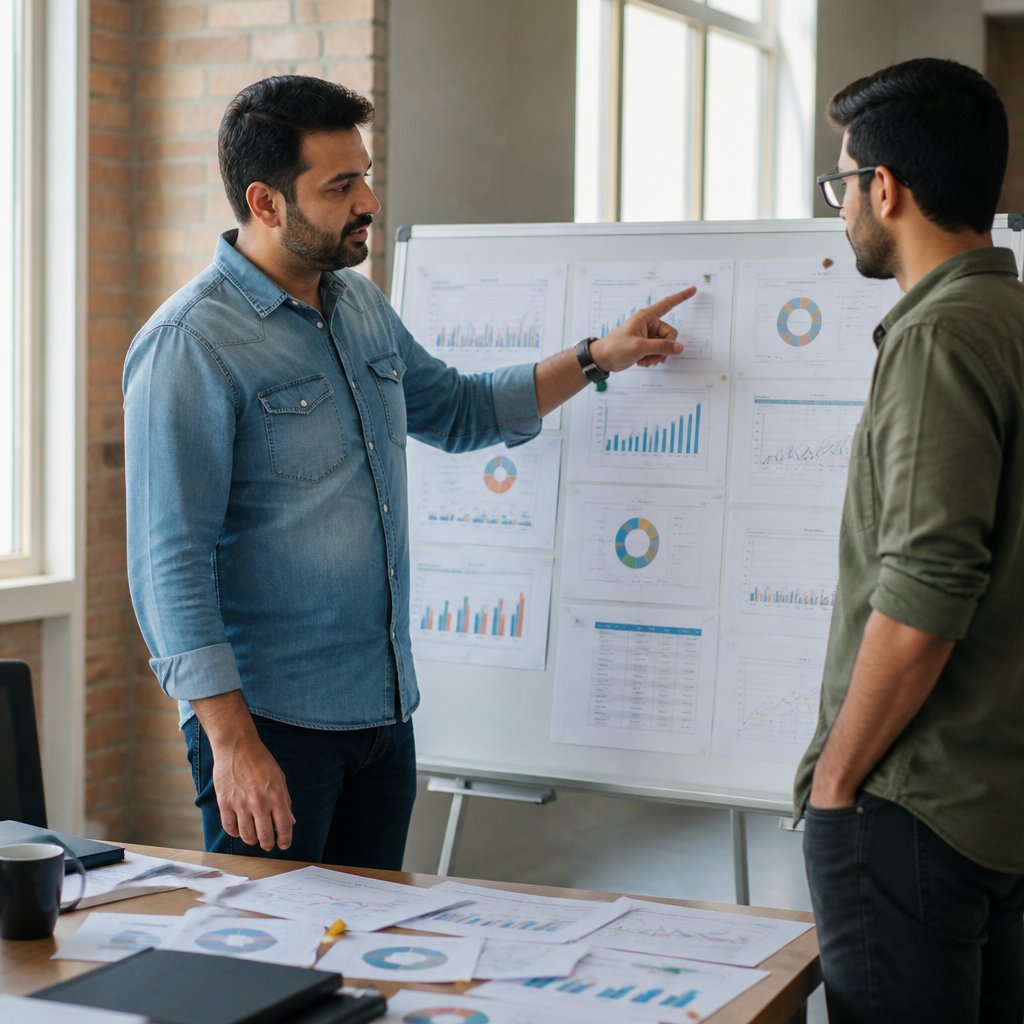 Man presenting marketplace fraud findings in open-plan office