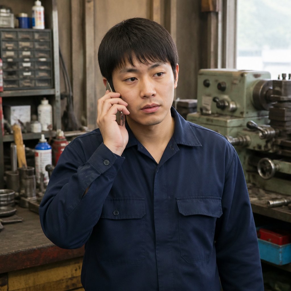 Repair technician talking on phone in a cluttered workshop.