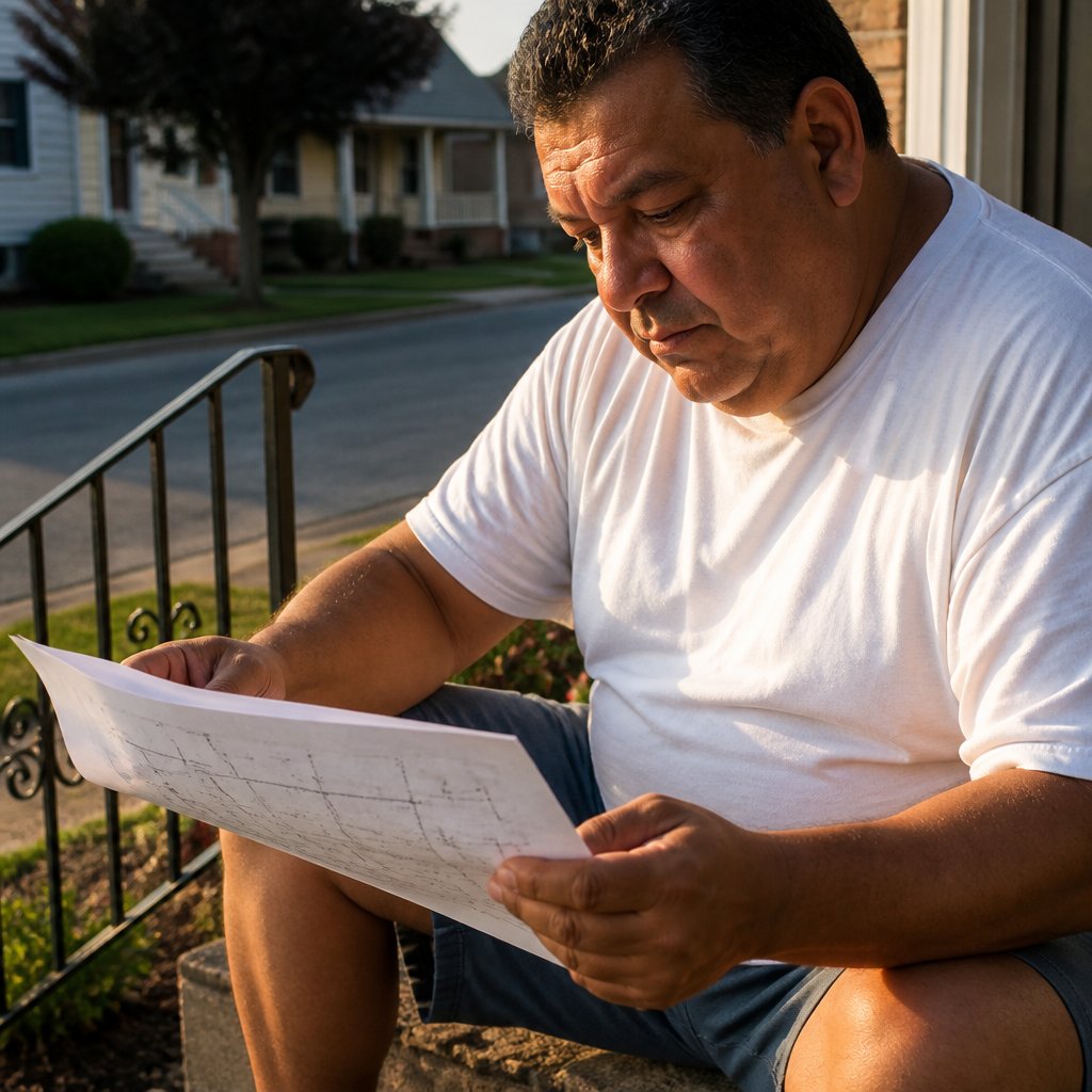 Man reviewing survey report on porch steps looking concerned.