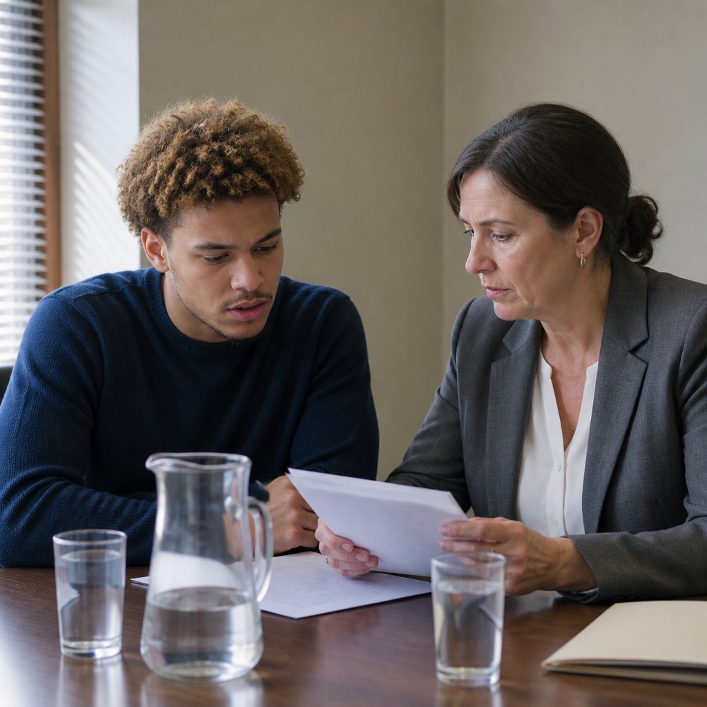 Man and female lawyer reviewing legal documents in conference room