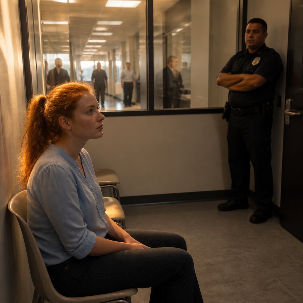 Woman sitting in a security holding room, looking anxious and isolated.