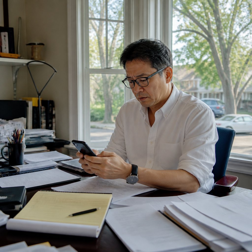 Man reading tense email at home office desk with worried expression
